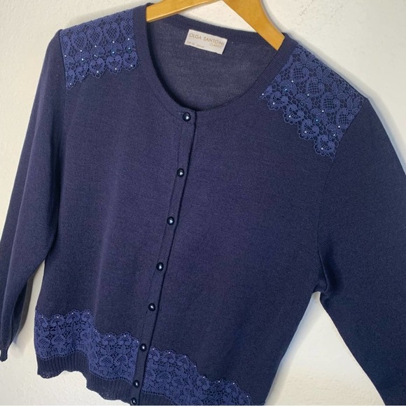 Olga Santoni Classic Blue Knit Embroidery Detail Button-Front Sweater Size USA44 - Picture 4 of 8